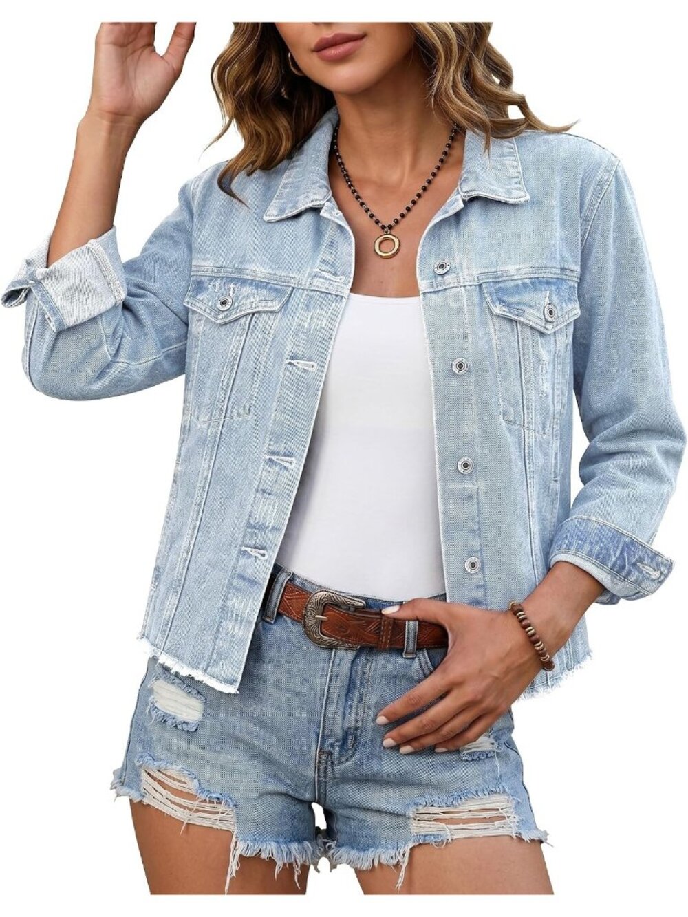 Women’s Roadnight Blue Western Trucker Frayed Hem Vintage Distressed Jean Jacket